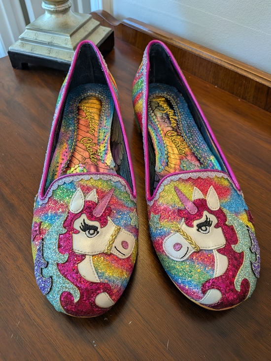 Irregular Choice Shoes - Irregular Choice Rainbow Glitter Unicorn Loafers - Pink Trim